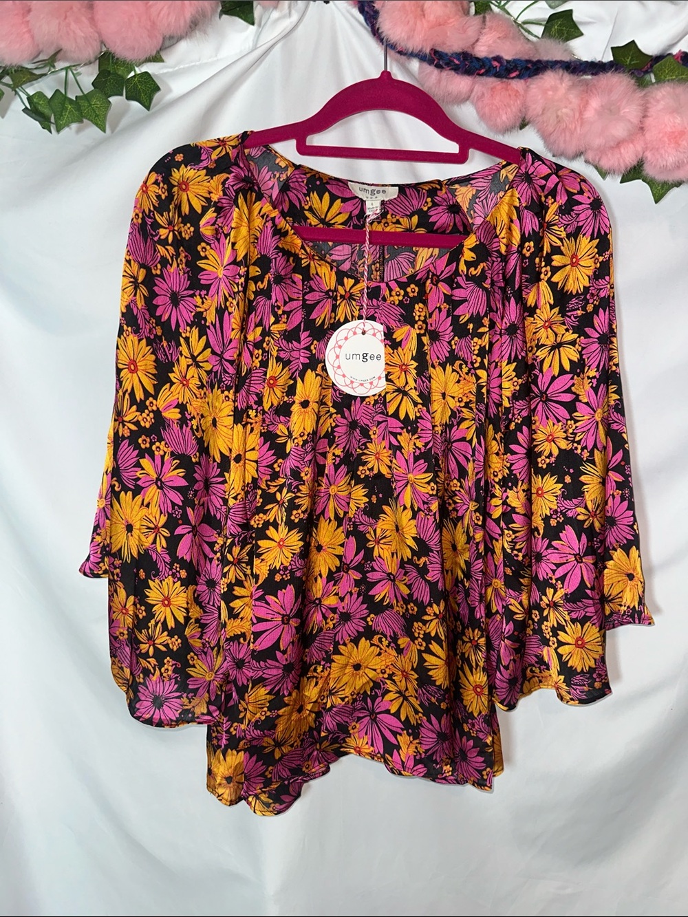 Umgee Black Floral Blouse with Pink & Yellow Flowers